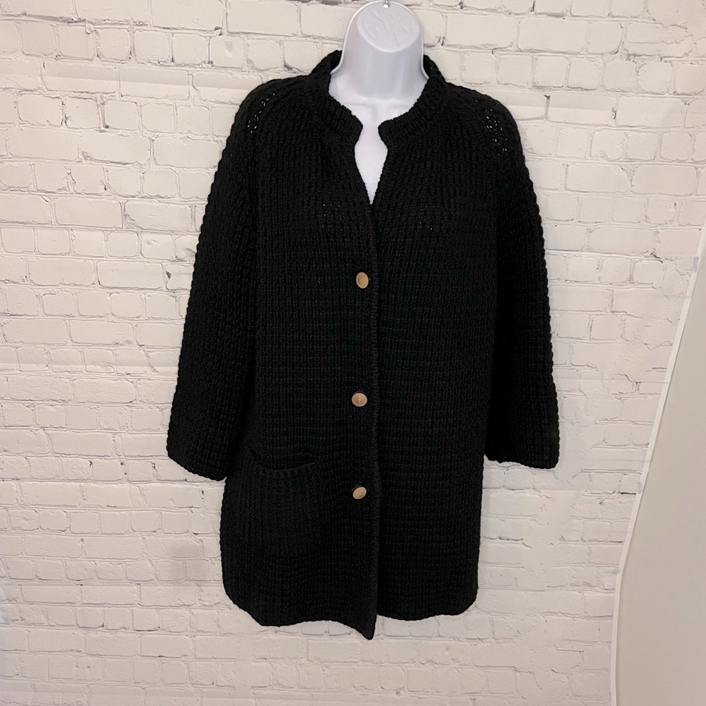 Vintage Long Black Wool Sweater with Wood Buttons Size Medium - See Measurements